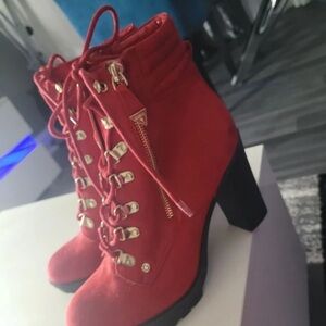 Guess Red Lace-Up Suede Chunky Heel Ankle Boots with Gold Accents